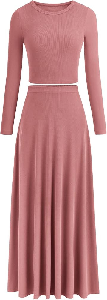 PRETTYGARDEN Women Fall Spring 2 Piece Outfits Dressy Casual Ribbed Knit Long Sleeve Crop Top Max... | Amazon (US)