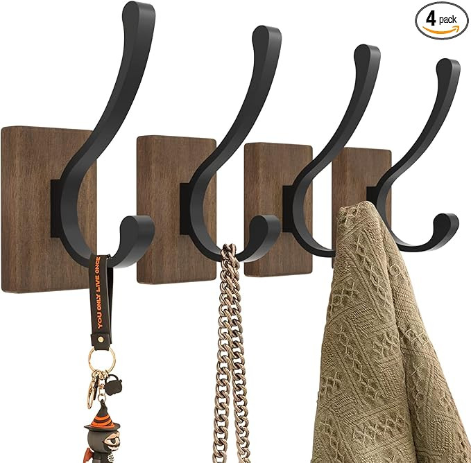 bussdis Wood Wall Hooks for Hanging - 4 Pack Hooks Wall Mounted, Wooden Rustic Farmhouse Heavy Du... | Amazon (US)