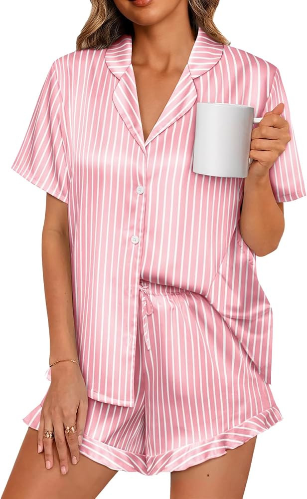 LILLUSORY Womens Satin Silk Pajamas Set 2 Piece Ruffle Pjs Winter Matching Lounge Sleepwear Butto... | Amazon (US)