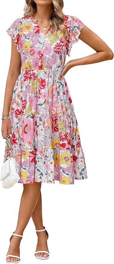 Glamaker Floral Tiered Midi Sundress Casual Summer V Neck Flutter Sleeve Striped Sun Dress with P... | Amazon (US)