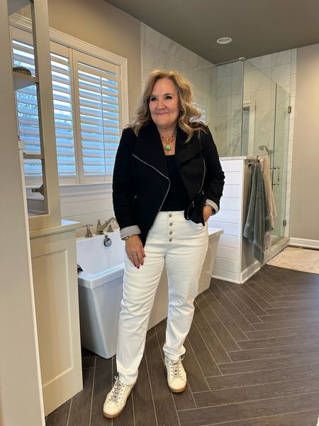 Spring outfit for even the cooler days.
Moto jacket is a ponte knit. Lined. Wearing a size XL. You can use my code. NANETTE10 for 10% off your order at Gibson look. 
Jeans, I’m wearing size 14 and they are roomie. I never want white denim tight. 

The top is a new buttery trim fitting top. Could be compression if you order your regular size. I sized up two to a 2x. Still fitted yet not compression.

Amazon, banana republic, Dolce Vida

#LTKworkwear #LTKmidsize #LTKfindsunder100
