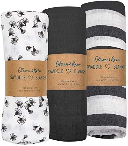 Muslin Swaddle Blanket Oliver & Rain, Newborn Baby Girl, Gray Floral-Stripe 3 Pack | Amazon (US)
