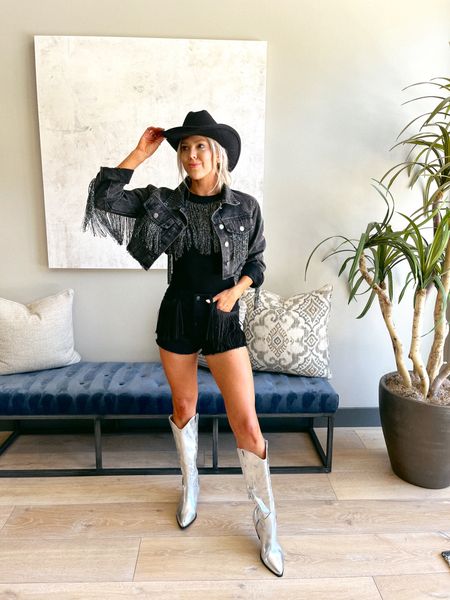 The perfect edgy country concert fit from
Walmart. Love this black denim cropped fringe jacket and fringe bodysuit. Perfect paired with these black shorts and metallic cowboy boots! 

#LTKFindsUnder50 #LTKFindsUnder100 #LTKShoeCrush