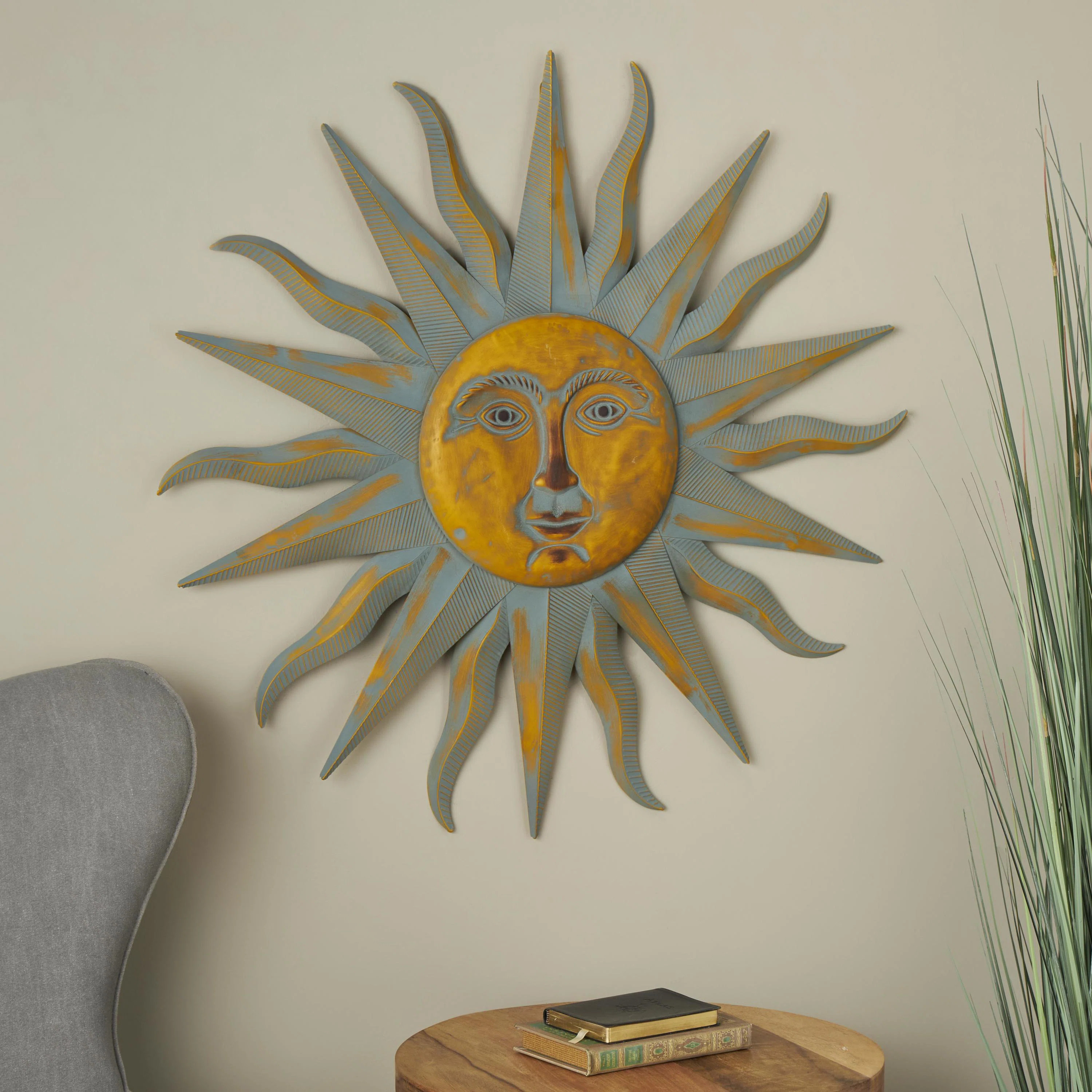 Elenna Gold Metal Indoor Outdoor Distressed Sunburst Wall Decor with Copper-Like Accents and Groo... | Wayfair North America