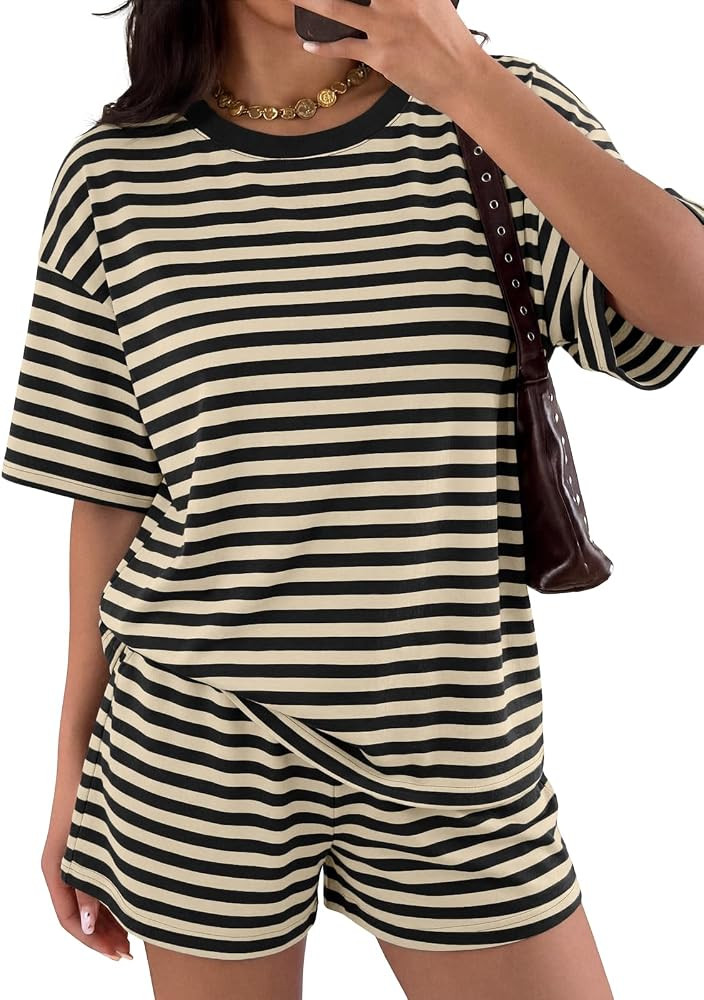 LILLUSORY 2 Piece Striped Set for Women Two Piece Lounge Sets Summer Outfits 2026 Oversized tshir... | Amazon (US)