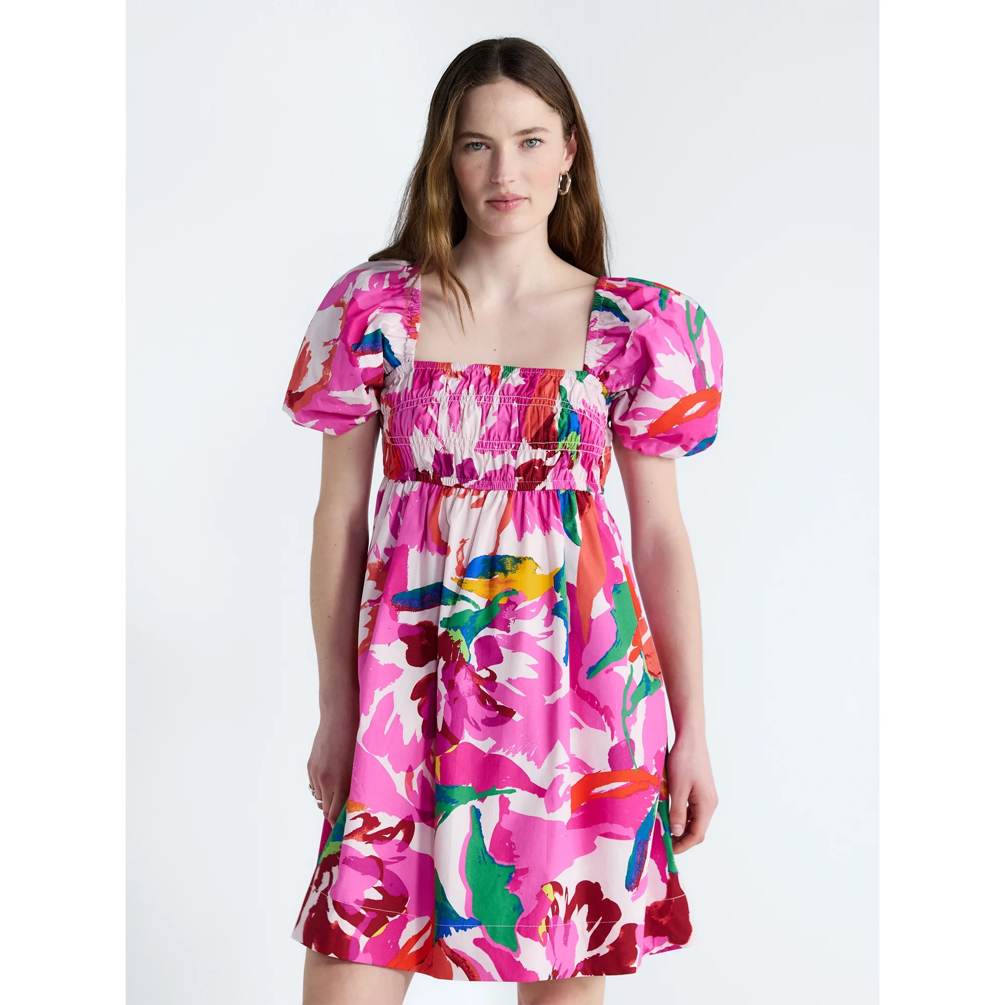 Free Assembly Women's and Women's Plus Smocked Cotton Peasant Mini Dress with Puff Sleeves, Sizes... | Walmart (US)