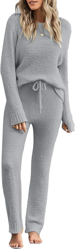 Women's Casual Pajama Set Fuzzy Fleece Knitted Long Sleeve Pj Loungewear | Amazon (US)
