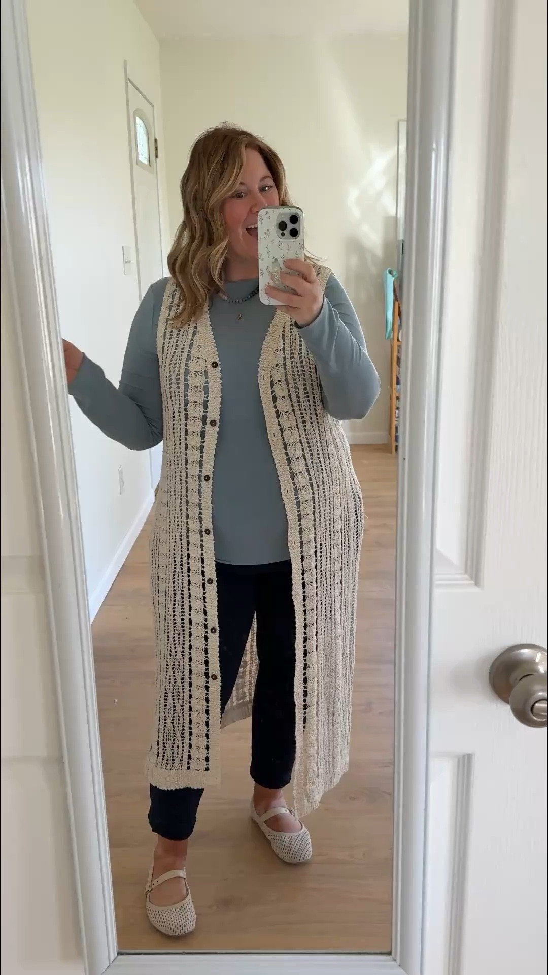 Teacher outfit! Wearing an XL in my long sleeve top, an XL in my crochet vest cardigan (actually a coverup) and a 14 in my maternity pixie pants.  Also linked regular pixie pants.  My crochet flats are from Target last year so I linked similar ones from Amazon

#LTKMidsize #LTKBump #LTKWorkwear