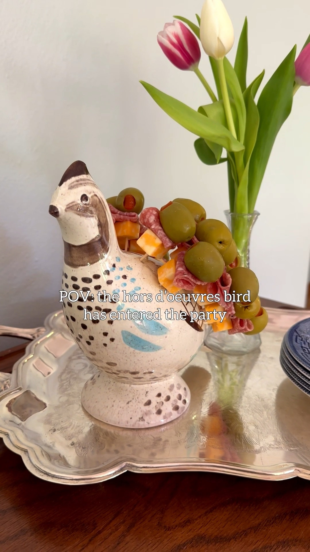 My hors d’oeuvres bird makes me feel like a grandma hosting in the 1960s — in the best way 🦆❤️ This vintage find from Red Wing Pottery is such a fun addition to any gathering.

Charcuterie on a stick included cheese cubes, salami, and olives.

| vintage hosting | grandmillennial style | unique easy hosting idea

#LTKHome #LTKfoodie