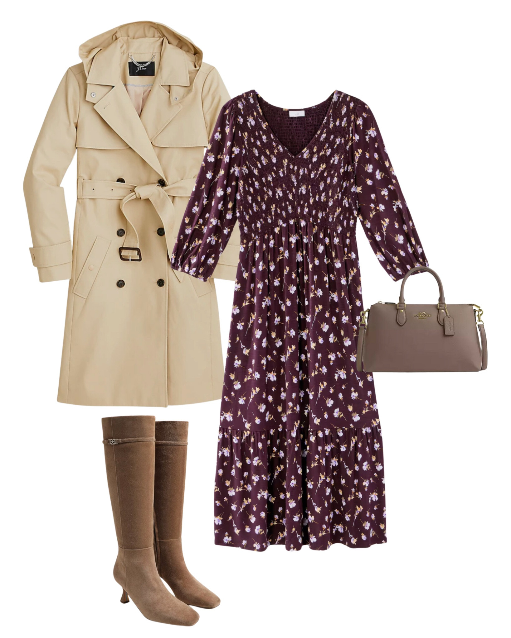 6 ways to wear a trench coat ✔️

Burgundy dress
Tall suede boots