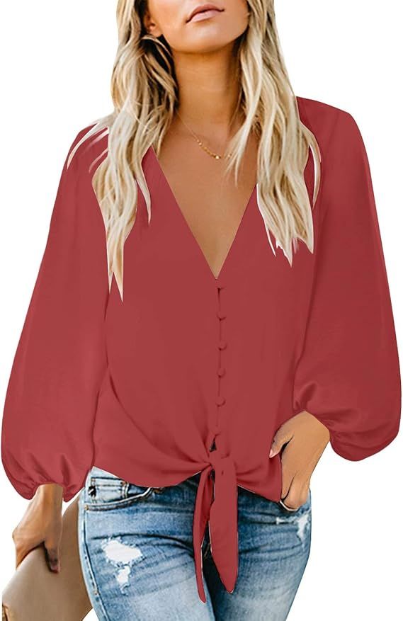 luvamia Women's Casual Long Balloon Sleeve V Neck Loose Button Down Shirts Tie Knot Tops Blouse | Amazon (US)