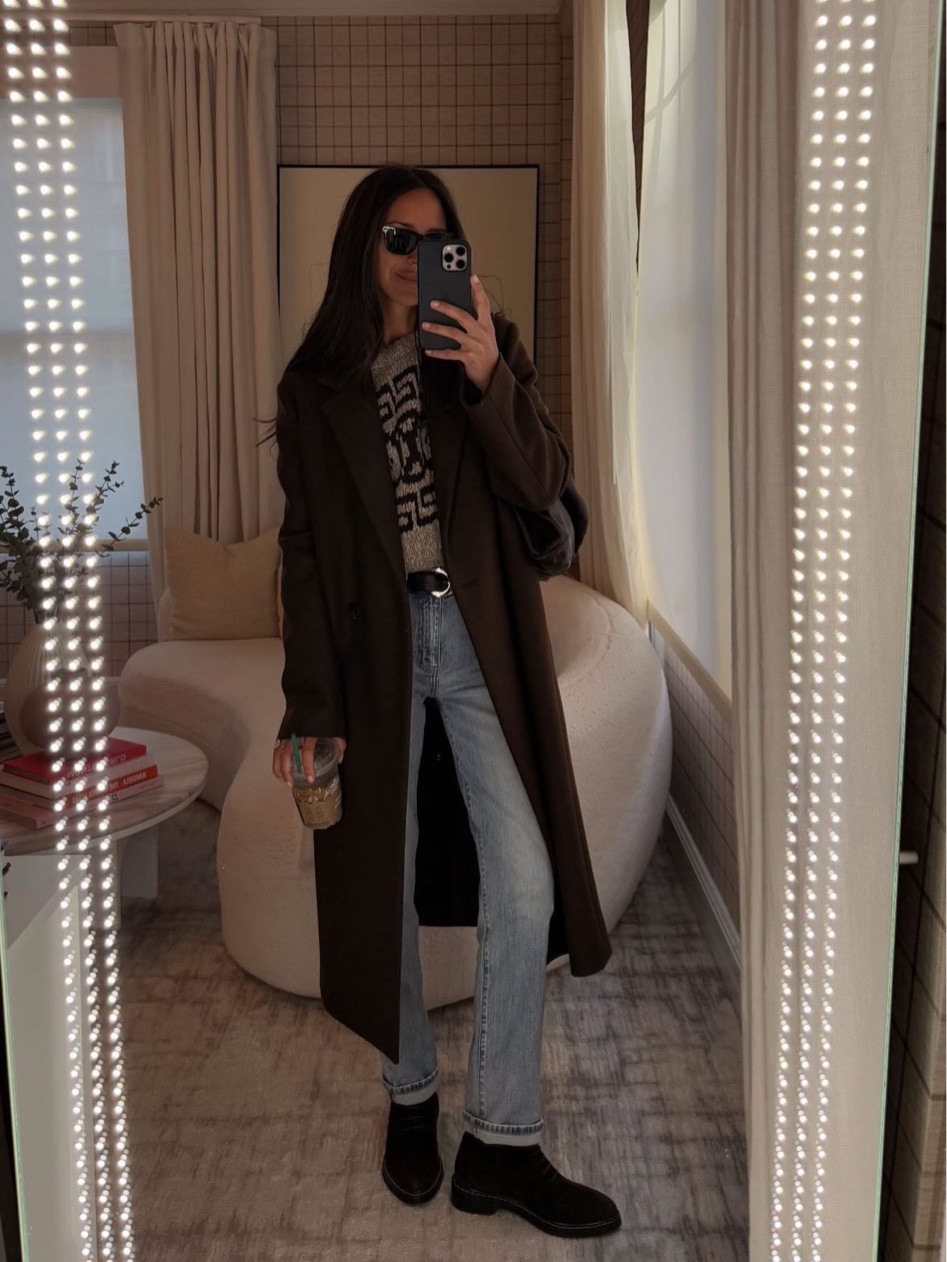 Back in sweater mode. Sweater is Celine and coat & shoes are The Row but linked similar!