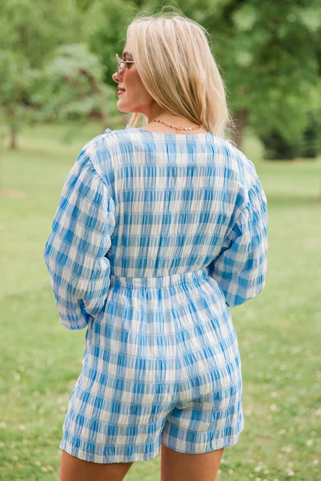 Oh Happy day Light Blue Checkered Ruffle Detail Romper FINAL SALE | Pink Lily
