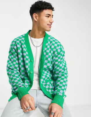Jack & Jones Originals jacquard checkerboard print cardigan in green | ASOS (Global)