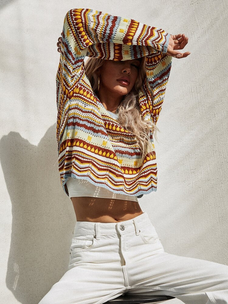 Striped And Geo Pattern Pointelle Knit Sweater | SHEIN
