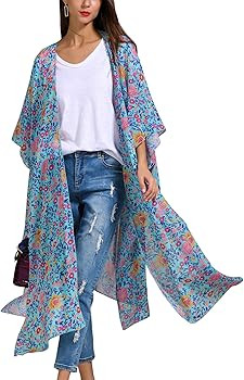 Women's Sheer Chiffon Floral Kimono Cardigan Long Blouse Loose Tops Outwear | Amazon (US)