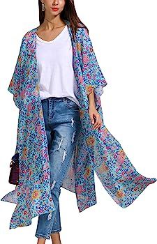 Women's Sheer Chiffon Floral Kimono Cardigan Long Blouse Loose Tops Outwear | Amazon (US)