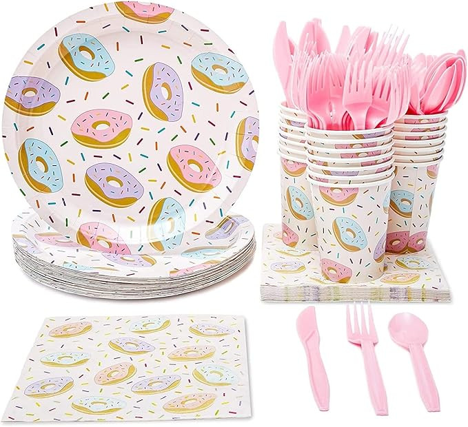 Juvale 144 Piece Donut Grow Up Party Supplies - Serves 24 Sprinkle Paper Plates, Napkins, Cups an... | Amazon (US)