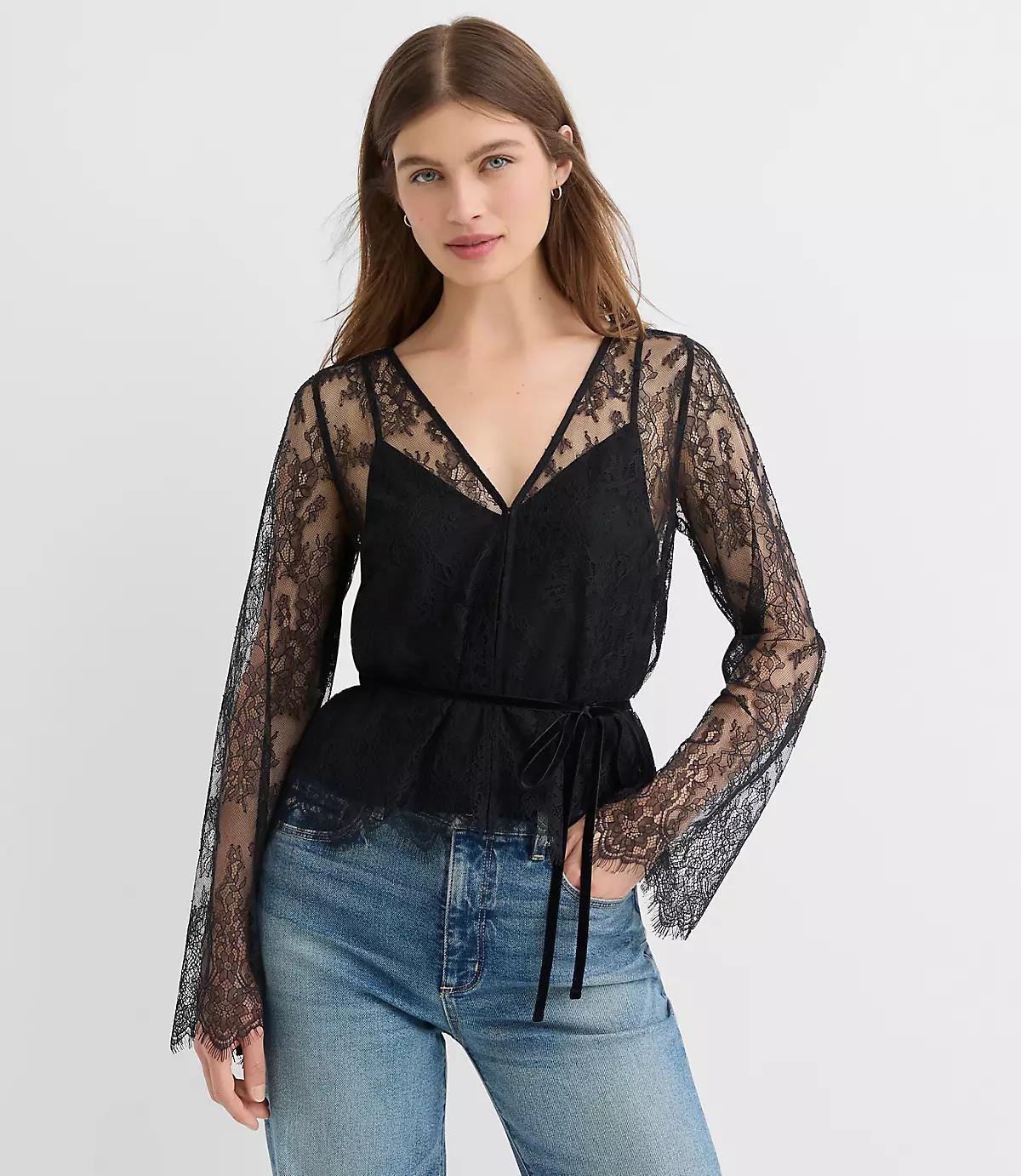 Petite Velvet Tie Chantilly Lace Blouse | LOFT