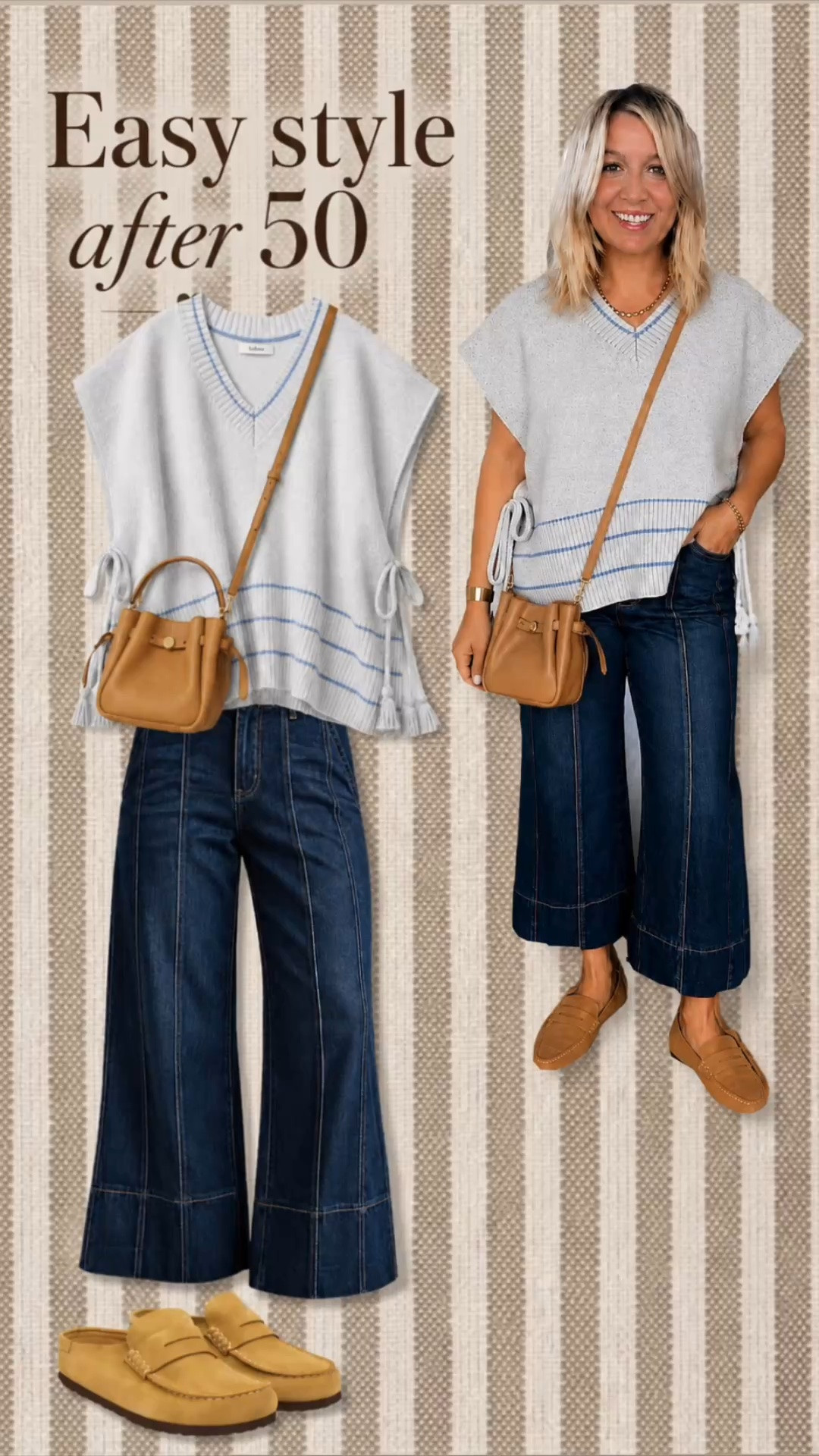 Easy style after 50 🤎 This is the kind of outfit I love—comfortable, flattering and polished without trying too hard.

A cozy sweater vest with side ties, cropped wide-leg jeans, suede loafers and a camel crossbody bag make such an easy transitional outfit for late summer into fall. Perfect for midsize women over 50 who want everyday outfits that feel current but still completely wearable.

women over 50 fashion • midsize fashion • size 14 outfit ideas • fall outfits for women over 50 • casual chic outfit • wide leg jeans outfit • sweater vest outfit • Birkenstock loafers • midsize fall fashion • easy everyday style • over 50 outfit ideas