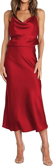 WICIWI Women's Satin Slip Dress 2023 Cowl Neck Spaghetti Straps Backless Sexy Wedding Club Cockta... | Amazon (US)