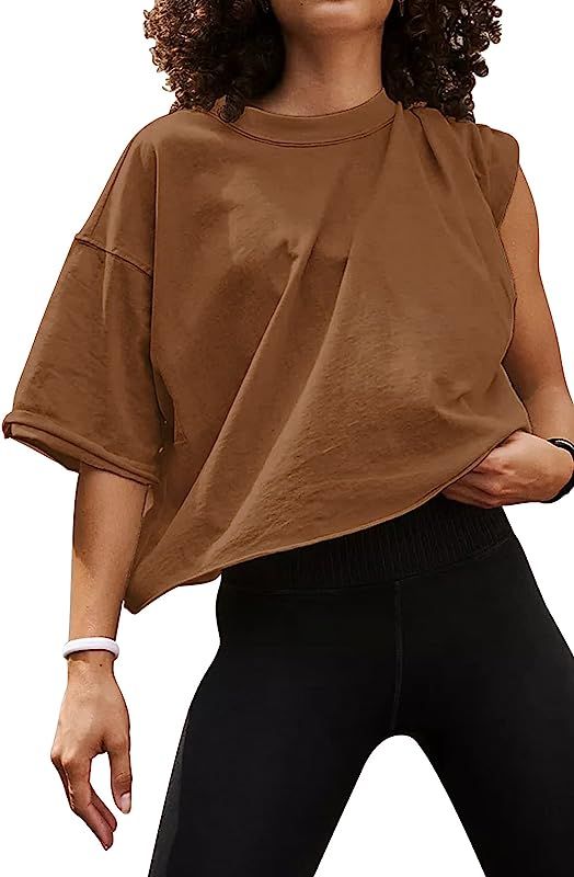 Women's Oversize Workout Crop Tops Casual Short Sleeve Drop Shoulder Boxy T-Shirts Roll Hem Basic Lo | Amazon (US)