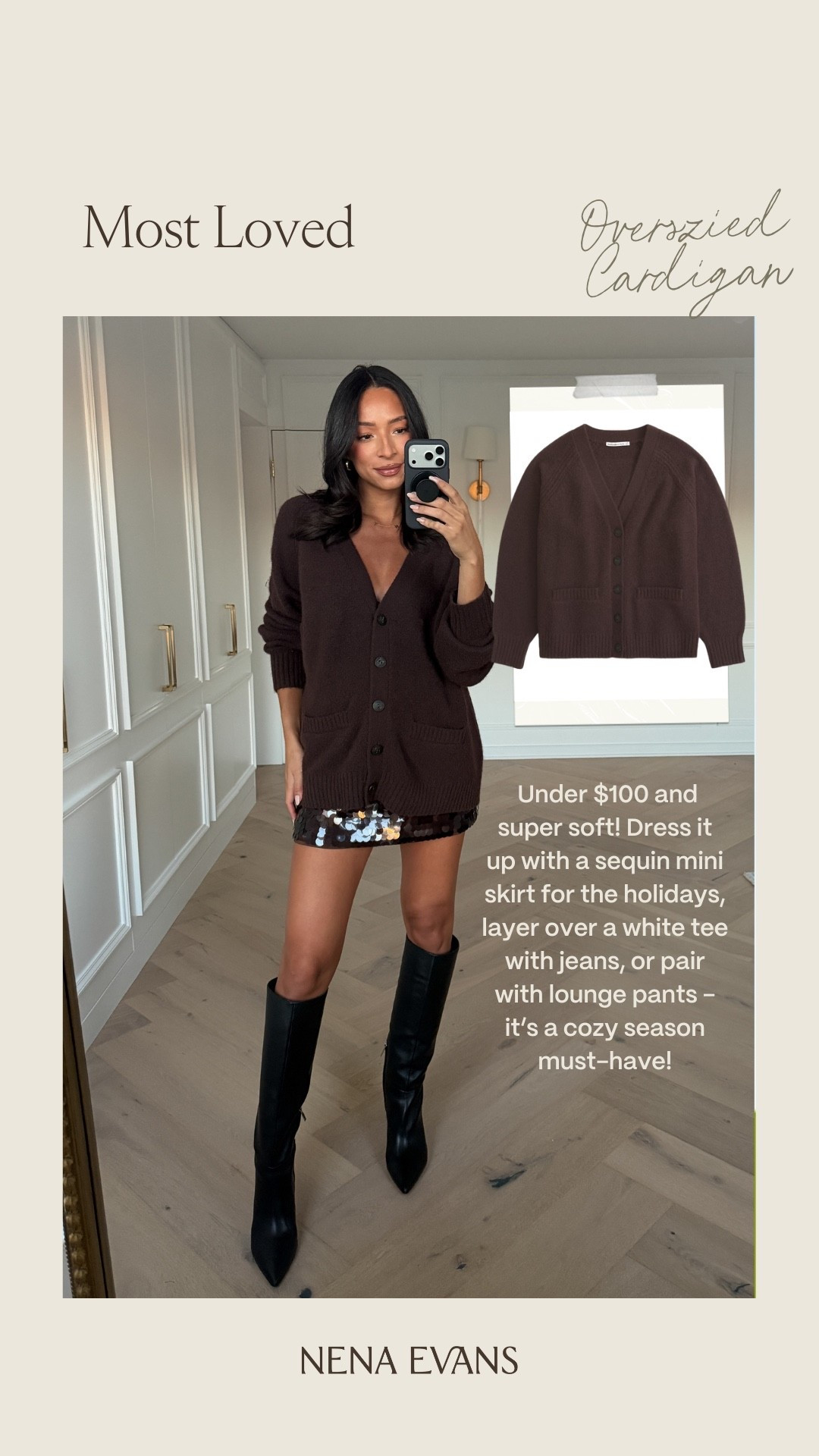 Under $100 oversized cardigan- cozy season must-have! Wearing size M v-neck cardigan and size M sequin mini skort Holiday outfit Holiday party outfit Winter outfit Winter fashion Casual outfit Cardigan outfit Sequin mini skirt 

#LTKFindsUnder100 #LTKBump #LTKHoliday