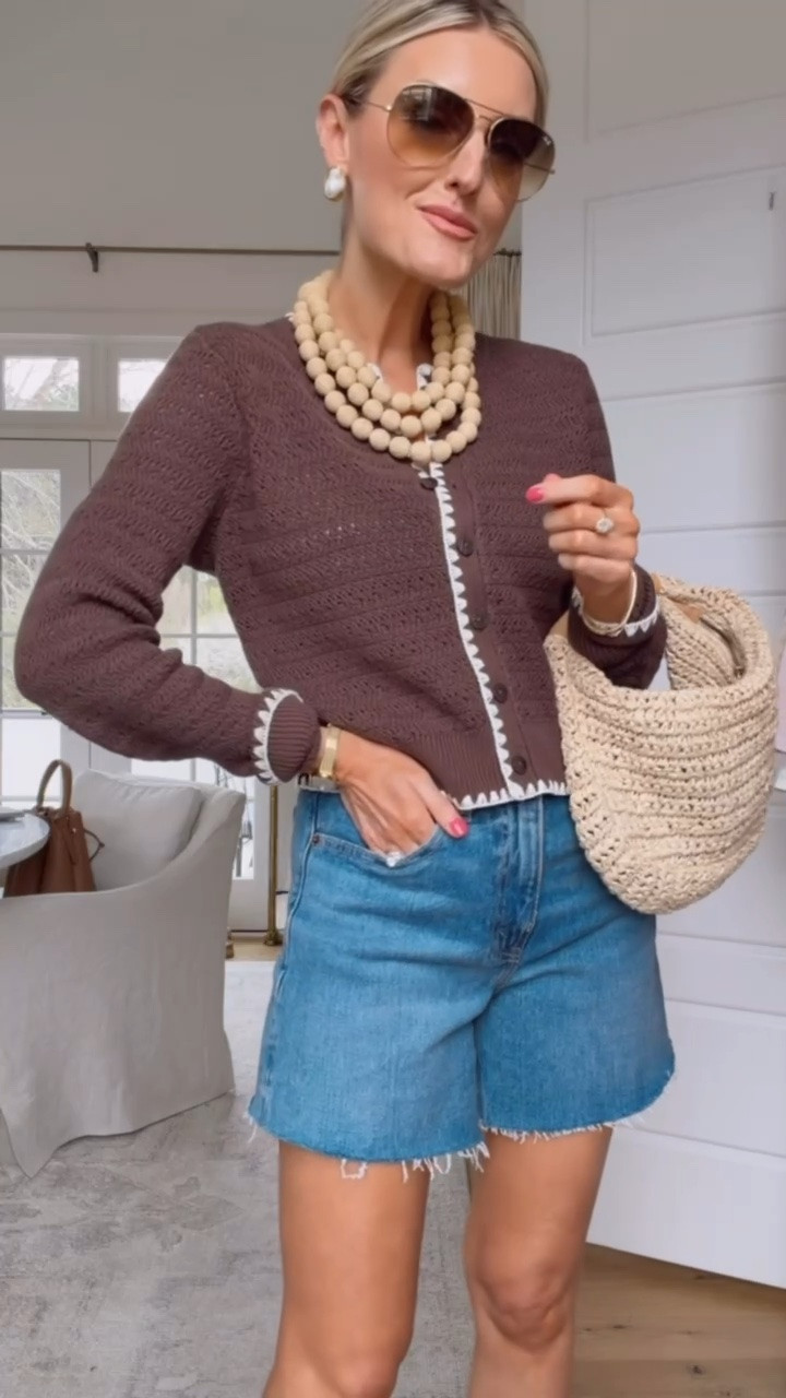 The cutest and most versatile 100% cotton cardigan! The brown color with textural stitching detail throughout is so unique! Wearing S/27.

Loverly grey, denim shorts, Abercrombie, neutral cardigan, outfit ideas transitional, spring summer casual outfit ideas, how to style dad jean shorts , statement necklace 

 #LTKootd #LTKSeasonal