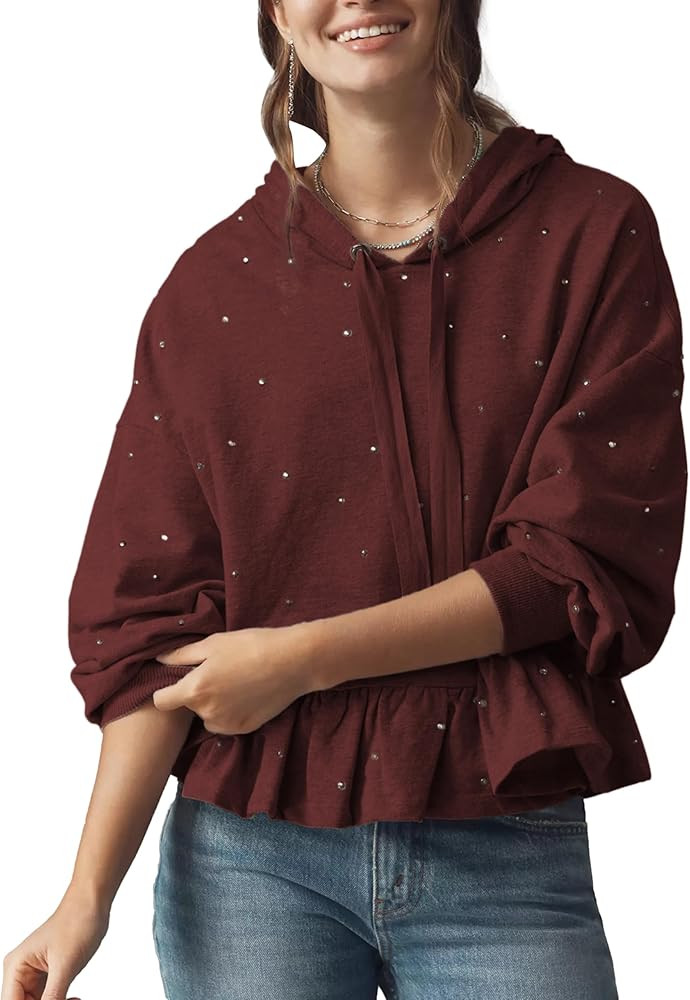 Women's Drop-Shoulder Hoodie with Flounce Hem - Drawstring Pullover Sweatshirt Ribbed Cuffs Tops | Amazon (US)