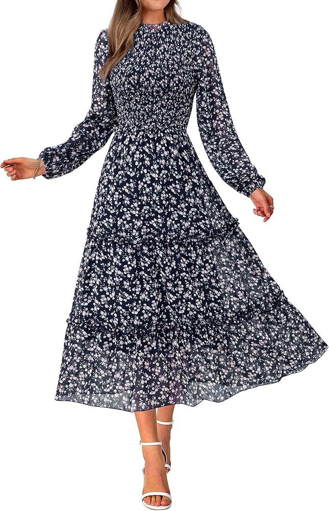 NOLLSOM Women 2024 Fall Dress Floral Boho Dress Casual Long Sleeve Crew Neck Ruffle A-Line Flowy ... | Amazon (US)