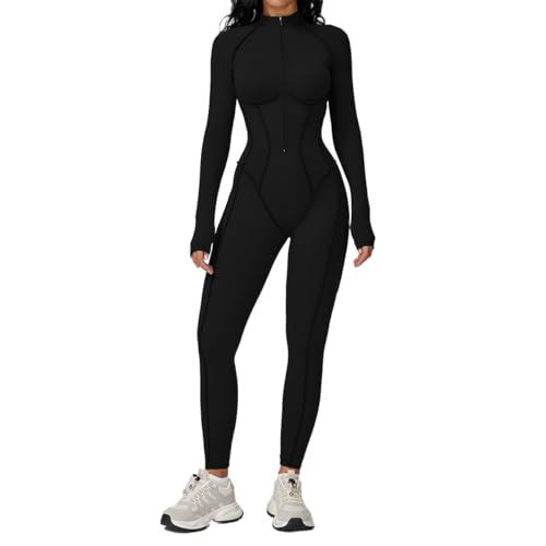 MLAFE Women's Long Sleeve Mock Neck Half Zip Bodysuit - High Stretch One-Piece Yoga Jumpsuit, Slim Fit Dance & Gym Activewear (black,Medium) | Amazon (US)