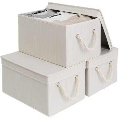 Summit Adventure Storage Bins with Lid,Decorative Boxes with Soft Rope Handles,Foldable Basket,Mixing of Beige,White & Ivory,Large,3-Pack | Target