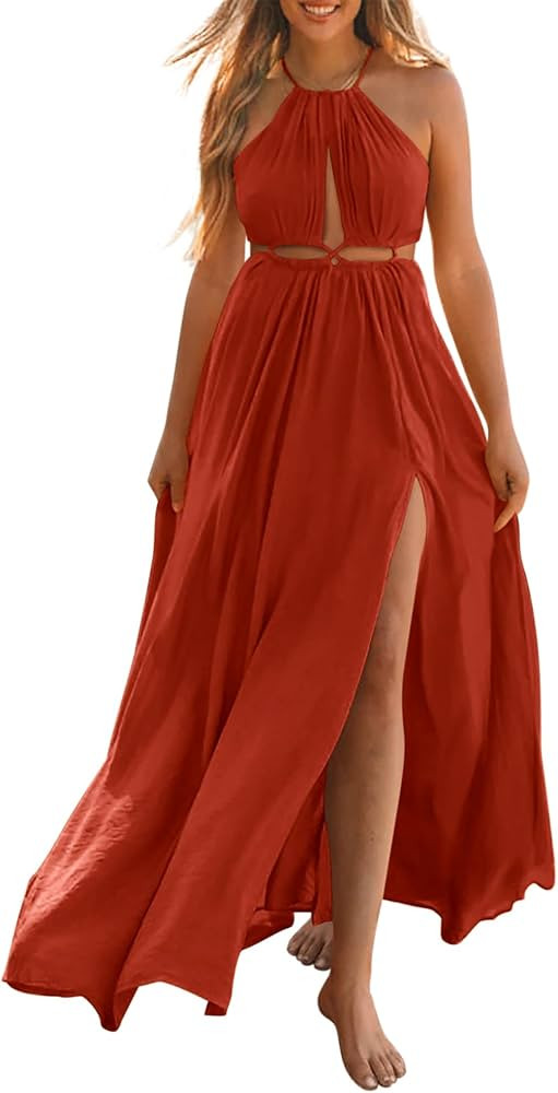 BTFBM Women 2024 Summer Sleeveless Halter Maxi Dress Cutout Backless Slit Boho Party Cocktail Cas... | Amazon (US)
