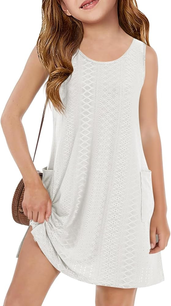 Haloumoning Girls Eyelet Swimsuit Cover Up Kids Casual Sleeveless Summer Beach Dress Coverups wit... | Amazon (US)