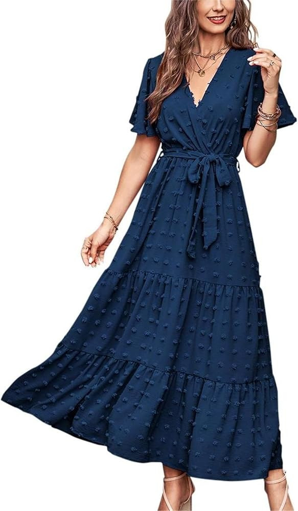 MASCOMODA Womens Boho Swiss Dot Maxi Dresses Wrap V Neck Flutter Short Sleeve Solid Tie Belt A Li... | Amazon (US)