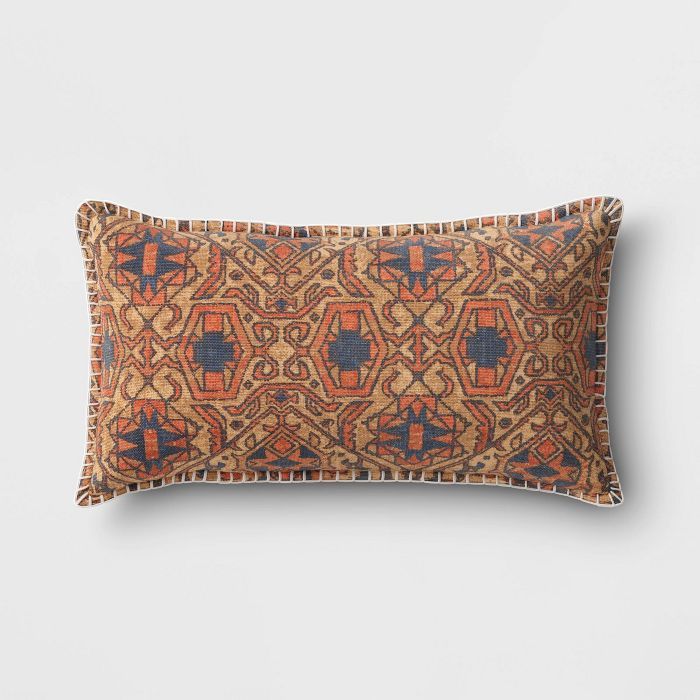 Oversized Lumbar Cotton Printed Pillow with Blanket Stitch Edge Brown/Navy - Threshold™ | Target
