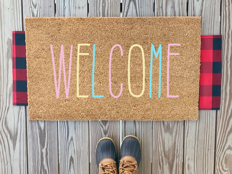 Pastel Easter Welcome Mat Simple Outdoor Spring Mat Pink Yellow Blue Easter Egg Color Doormat Cut... | Etsy (US)