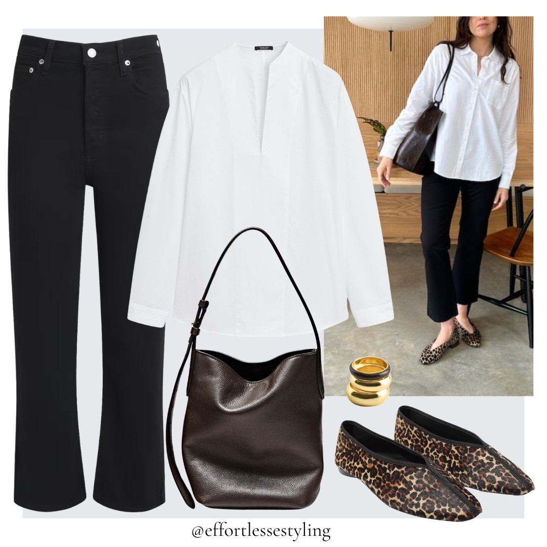 Smart casual Spring outfit. 

Black 90s pinch waist cropped jeans, leopard print ballet flats, gold and brown ring stack, white poplin shirt with chest detailing, dark brown leather bucket bag. 

#LTKjeans #LTKspring #LTKuk