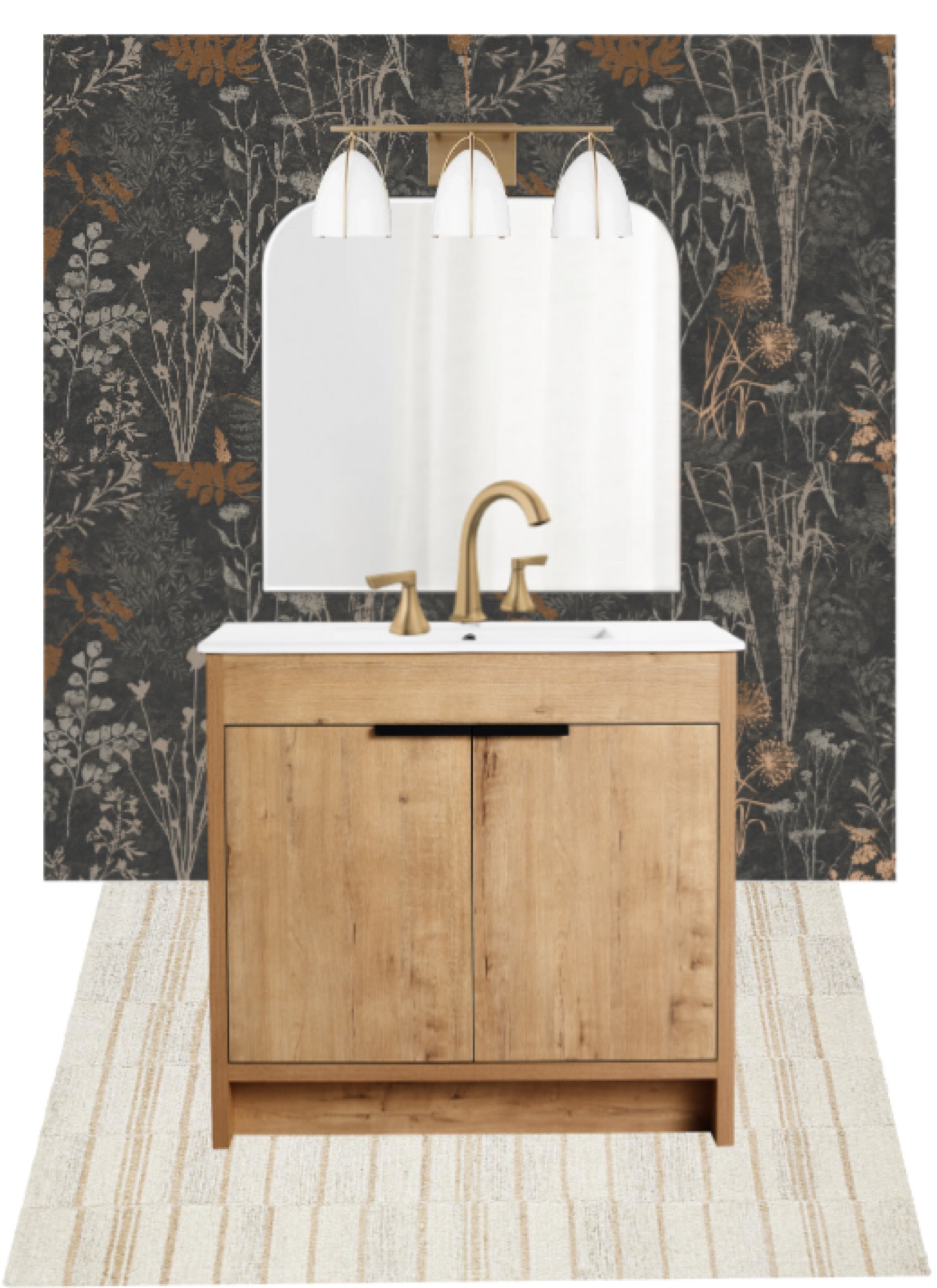 Bathroom design board. Vanity. Mirror. Vanity light. Wallpaper. Bathroom rug  

#LTKHome #LTKSaleAlert