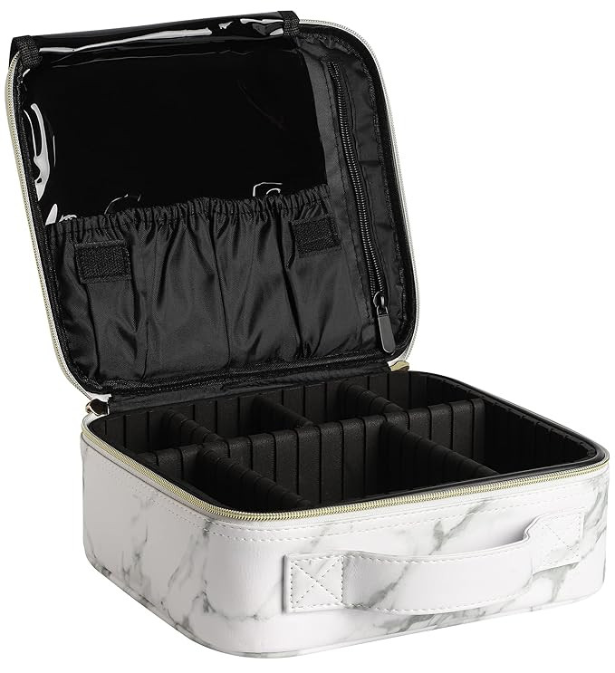 Syntus Travel Makeup Bag with Mirror, PU Leather Portable Train Cosmetic Case Organizer with Adju... | Amazon (US)