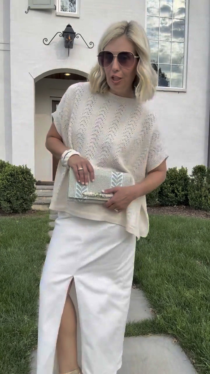 Love this look with a mix of whites & pops of gold! I’m wearing o/s sweater, 26 skirt &  8 heel. 

#LTKmomlife #LTKdayinmylife #LTKOver40  