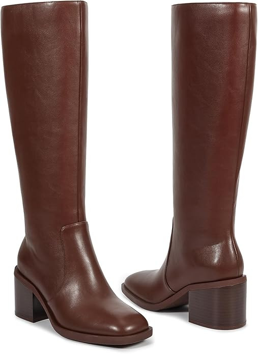 ISNOM Chunky Low Heel Knee High Boots Women Long Tall Square Toe Boots Faux Leather Comfortable B... | Amazon (US)