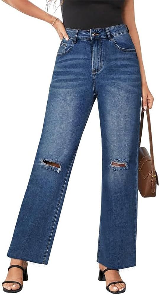 Genleck Ripped Wide Leg Jeans - Women High Waisted Stretchy Baggy Jeans Trendy Distressed Boyfrie... | Amazon (US)