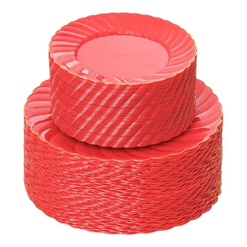 U-QE 100PCS Red Plastic Plates - Heavy Duty Red Plates Disposable for Party with Gold Rim - Include 50PCS 9inch Red Dinner Plates and 50PCS 6inch Red Dessert/Salad Plates for Party | Amazon (US)