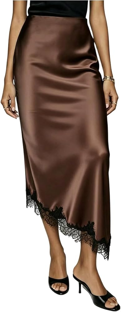 WDIRARA Women's Satin Midi Skirt High Waisted Lace Trim Asymmetrical Slip Skirts | Amazon (US)