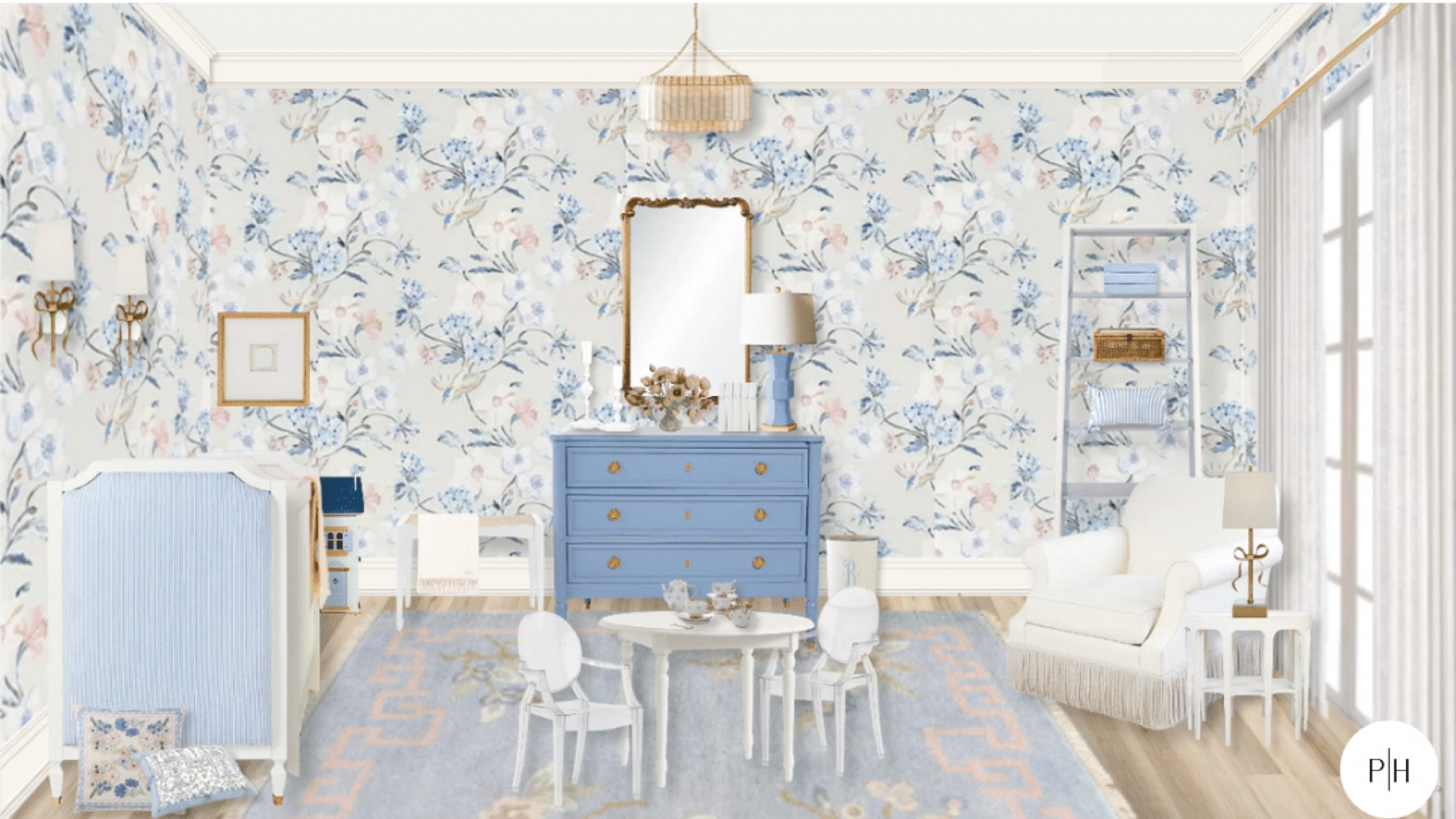 Nursery, grandmillenial nursery, baby room, Caitlin Wilson, blue and white nursery, floral wallpaper, fringe chair, upholstered crib, kids tea party, brass mirror, French blue, decorative books

#LTKhome