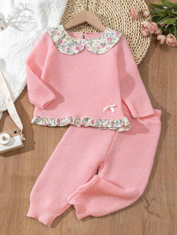 2pcs Baby Girls' Ditsy Floral Collar Knit Sweater Set | SHEIN