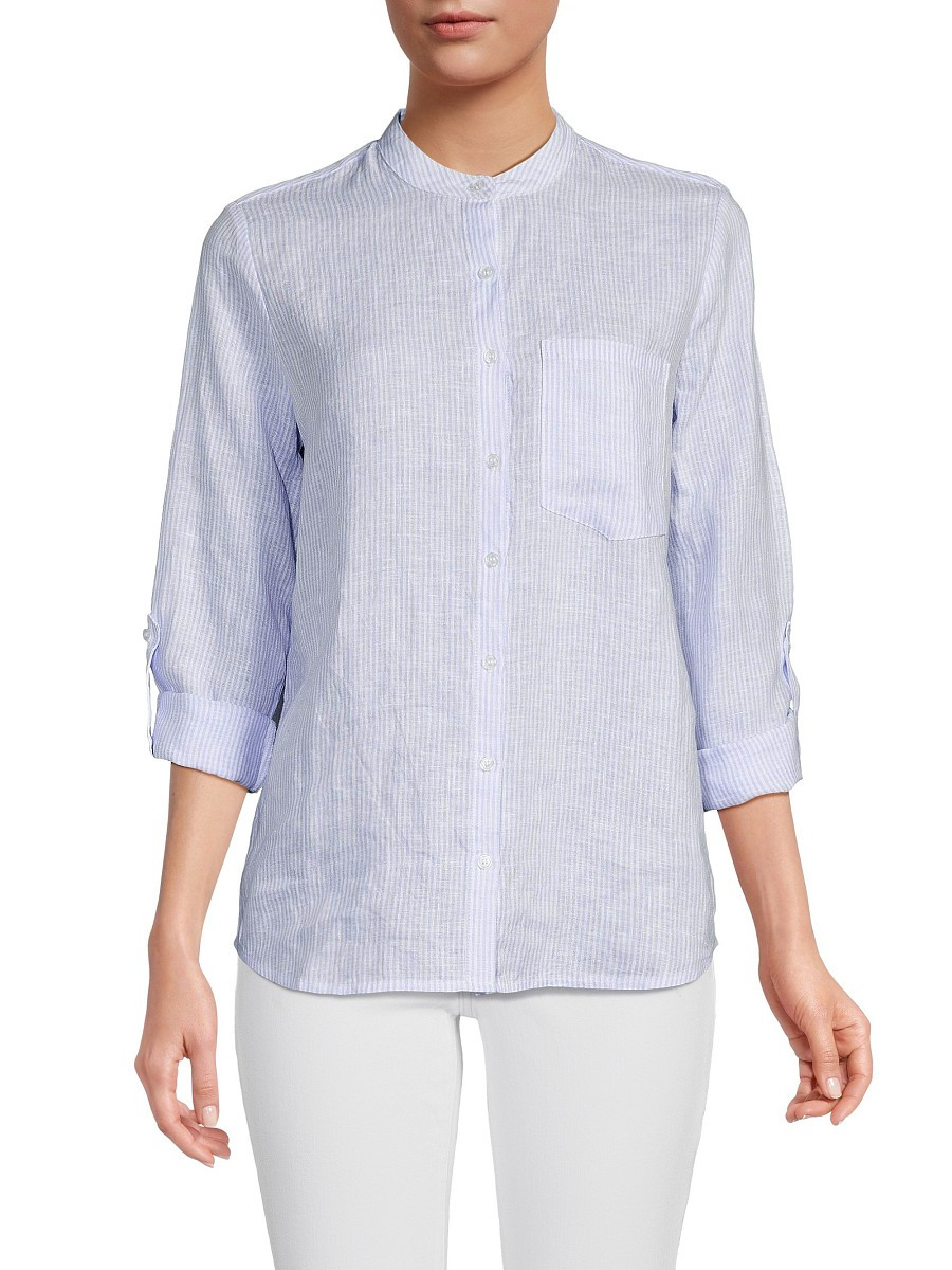 Saks Fifth Avenue Women's Band Collar 100% Linen Shirt - Blue White - Size S | Saks Fifth Avenue OFF 5TH