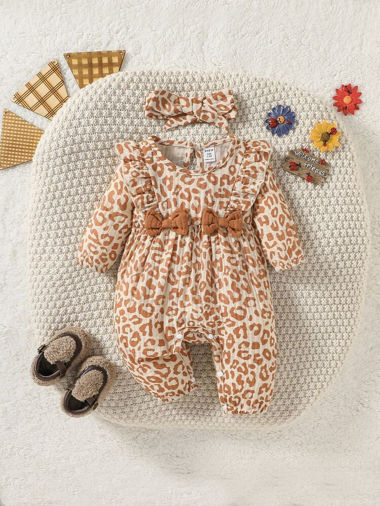 Newborn Baby Leopard Print Ruffle Trim Bow Front Jumpsuit & Headband
       
              
     ... | SHEIN