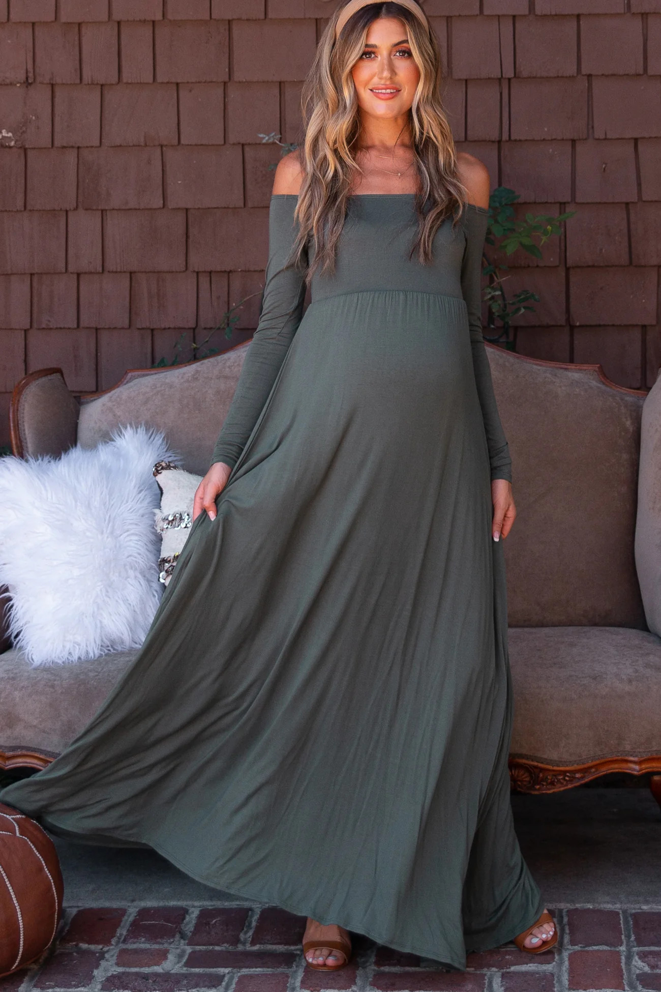PinkBlush Pink Solid Off Shoulder Maternity Maxi Dress | PinkBlush Maternity